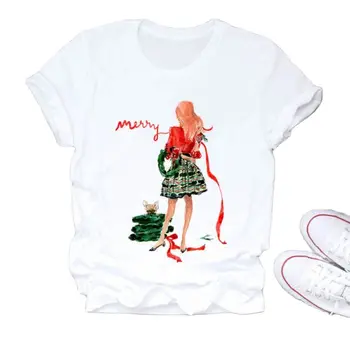 Лидер продаж, Женская футболка с коротким рукавом Большого Размера, Модные Леггинсы с Рождественским принтом, Теплые и яркие Футболки с круглым вырезом для девочек