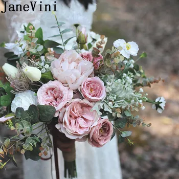 JaneVini 2020, Новейший Стиль, Пыльно-Розовые Искусственные Свадебные Букеты, Шелковые Цветы, Пионы, Роза, Брошь Для Букета невесты flores rosas