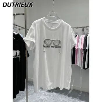 Высококачественная нишевая футболка для тяжелой промышленности с бриллиантами, Женская Летняя новинка 2023, модный дизайн, белая футболка, топ