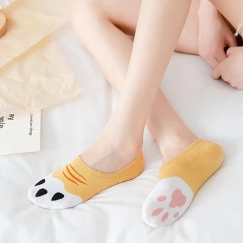 Женские Хлопчатобумажные носки с изображением кошачьей лапы, летние Модные Короткие уличные носки с цветочным принтом для милых девочек, Женские носки-тапочки Kawaii