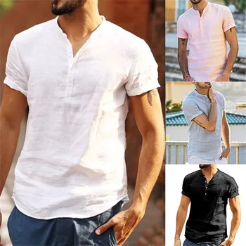 Мужская Повседневная блузка, хлопчатобумажная льняная рубашка, летние рубашки с коротким рукавом для мужчин