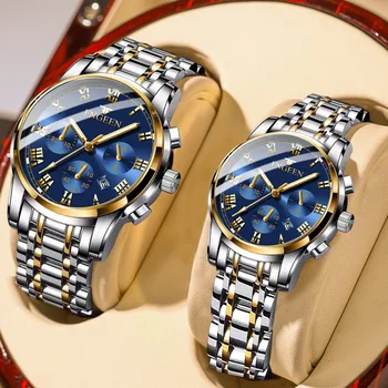 Модные парные часы FNGEEN для мужчин и женщин, кварцевые часы из нержавеющей стали, лучший бренд класса Люкс, часы с календарем, наручные часы для влюбленных