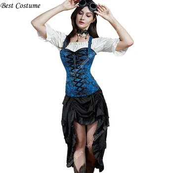 Костюм на Хэллоуин, Викторианское корсетное платье, Косплей, Плюс Размер, Пиратская юбка в стиле стимпанк, Черный, Синий Модный Корсетный топ с бретельками