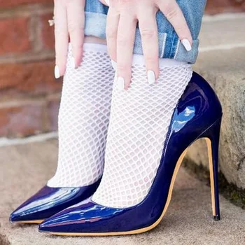 Синие Туфли-лодочки из лакированной кожи на высоком каблуке 8-10 12 см, Модельные туфли на шпильке, Брендовые Банкетные туфли с острым носком, Женские Большие Размеры 45