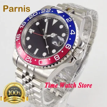 40 мм PARNIS GMT 3804 Автоматические часы для мужчин водонепроницаемый Юбилейный браслет черный циферблат керамический синий красный безель сапфировое стекло дата
