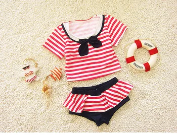Детский купальный костюм в красную полоску для девочек в морском стиле, комплект из 2 предметов, Топ + Брюки, Летняя пляжная одежда, купальник SA4025