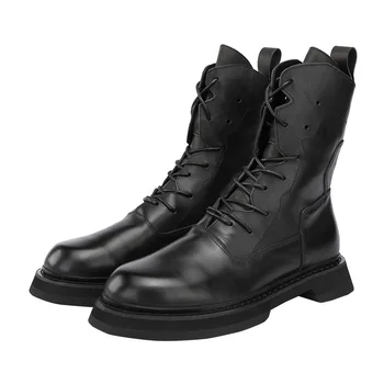 Мужские базовые универсальные кожаные ботинки черного Цвета на шнуровке, размер США, Осенне-зимние Мотоциклетные Солдатские ботинки с круглым носком и высоким берцем
