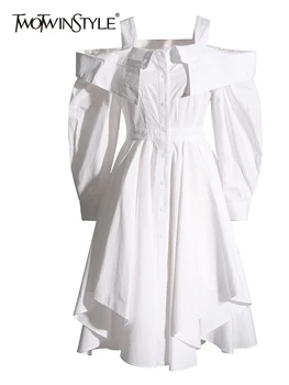 TWOTWINSTYLE, однотонные платья для женщин, с открытыми плечами, с длинным рукавом, лоскутное минималистичное платье со складками, Женская осенняя одежда, Модная