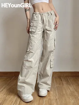 HEYounGIRL, повседневные спортивные штаны Y2K с мешковатыми широкими штанинами, прямые брюки с низкой талией на завязках, однотонные корейские модные брюки-карго, осень