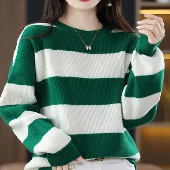 Универсальные свитера в полоску с круглым вырезом, Осенне-зимние повседневные свободные джемперы в корейском стиле с блокировкой цвета, Модная женская одежда 2023