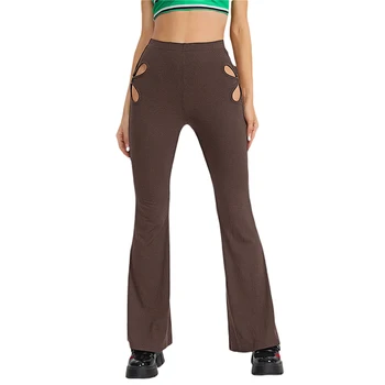 Женские модные расклешенные Длинные брюки, креативные однотонные брюки с завышенной талией, шикарные полые эластичные брюки-клеш