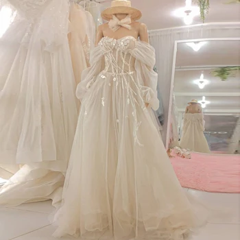 Шикарные Пышные свадебные платья Из Модного Тюля с аппликацией в виде сердечка, Романтичные Длинные Свадебные платья на шнуровке с рукавами цвета слоновой кости, vestido de noiva