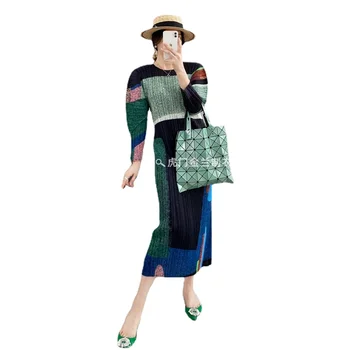 Miyake-женское плиссированное платье с длинным рукавом, цветной блок, свободное, с круглым вырезом, осенне-зимняя мода, вечерняя одежда, элегантное