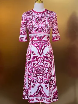 Летнее модное женское шелковое платье с коротким рукавом и высокой талией, винтажное платье с разрезом по бокам и принтом длиной до колена