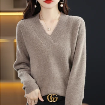 Пуловер M-XXL, свободный свитер из 100 % чистой шерсти с V-образным вырезом, женский вязаный кашемировый свитер с длинными рукавами, хит продаж осенью и зимой