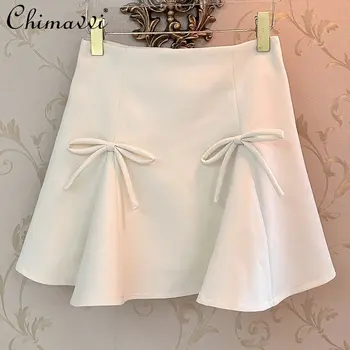 корейский стиль, однотонный подол в виде листьев лотоса, юбка с высокой талией и бантом, Женская Летняя Милая юбка трапециевидной формы для девочек 2023