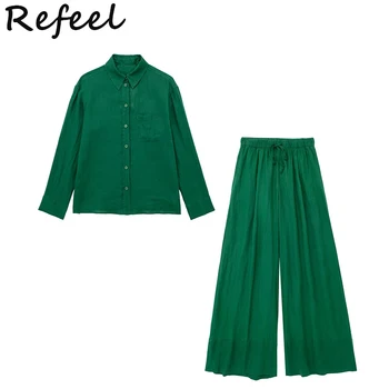 Комплекты женских брюк Refeel Со Свободной Блузкой Из однотонного зеленого Льна с эластичной резинкой на талии, Однобортное летнее платье на пуговицах