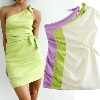 Увядший Ins Blogger, Ретро красочное мини-модное женское летнее платье, французское уличное сексуальное асимметричное платье на одно плечо, женское