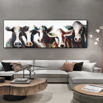 Современная Абстрактная Оригинальная картина маслом с изображением пяти коров на холсте, Плакаты и принты, настенная художественная живопись для домашнего декора Гостиной