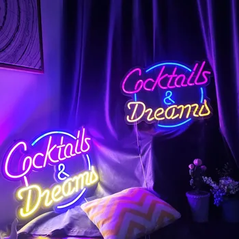 Изготовленная на заказ Неоновая Вывеска На стене Cocktails and Dreams LED Light Flex Neon Ручной работы Для магазина, логотипа, декора стен в игровом зале Ночного клуба