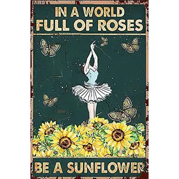 Ретро жестяной логотип танцующих девушек и подсолнухов-бабочек, украшенный в мире, полном роз, - это спальня с росписью по железу подсолнухом