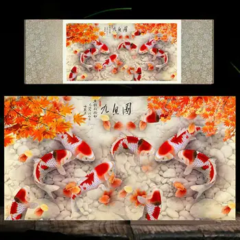 Китайская шелковая картина с изображением рыбы, украшение домашнего офиса, эстетический декор комнаты