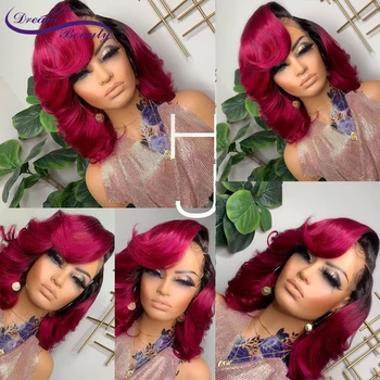 Розово-красные бразильские Парики из человеческих волос для женщин, Короткий Боб, Волнистые 13x4, Кружевные парики спереди, 180% Плотность, Бесклеевые кружевные парики