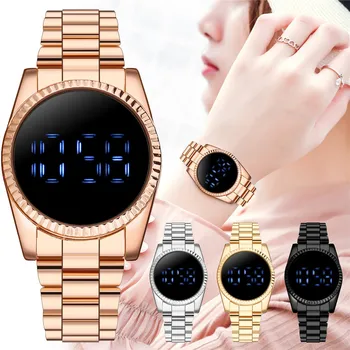 Часы с розовым поясом, Модные женские спортивные часы со светодиодной подсветкой, женские бренды из нержавеющей Стали, Роскошные Женские электронные золотые часы Reloj