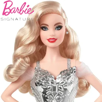 Праздничная кукла Barbie Signature 2021 с Волнистыми Светлыми волосами в Серебристом Платье Коллекционная Игрушка Электрическая Barbie Girls Подарок на День Рождения GXL21