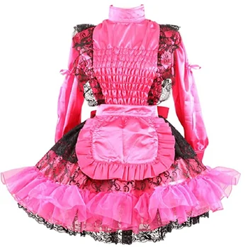 Новое Запирающееся Платье Горничной для взрослых Сисси, Розовое атласное платье с длинным рукавом, плиссированный кружевной костюм для Косплея на заказ