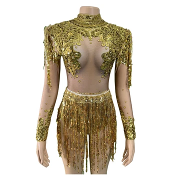 Стрейчевые женские боди с блестками и бахромой, комплект из 2 предметов, юбка золотистого цвета с длинным рукавом, одежда для выступлений на Рейв-фестивале, танцевальная одежда для сцены