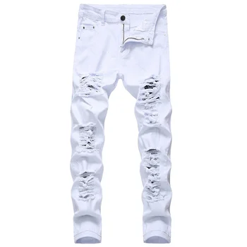 Мужские белые джинсы, модные обтягивающие мужские джинсовые брюки в стиле хип-хоп, облегающие, стрейчевые, на молнии, мужские джинсовые брюки высокого качества