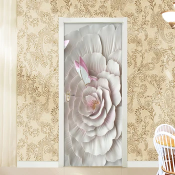 Современная 3D рельефная наклейка на дверь в виде цветка Бабочки, ПВХ Самоклеящаяся водонепроницаемая наклейка, Настенная роспись, Декор для дверей в гостиную, Спальню, Обои