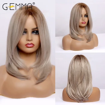 GEMMA Средней длины, прямой синтетический парик Bobo для женщин, Омбре, Медово-коричнево-серый, Средняя часть, многослойные волосы для косплея, термостойкие волосы