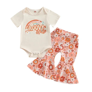 Одежда Для новорожденных малышей и маленьких девочек, шикарные ползунки, топы, расклешенные брюки-клеш с цветочным рисунком, Комплект с повязкой на голову