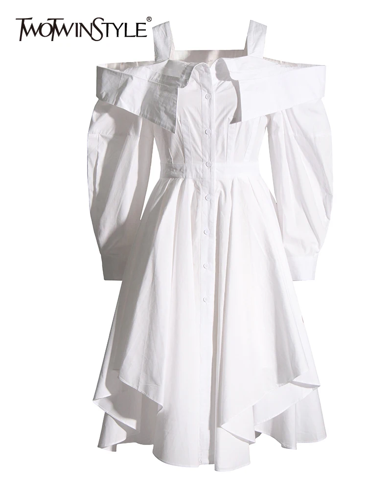 TWOTWINSTYLE, однотонные платья для женщин, с открытыми плечами, с длинным рукавом, лоскутное минималистичное платье со складками, Женская осенняя одежда, Модная . ' - ' . 0