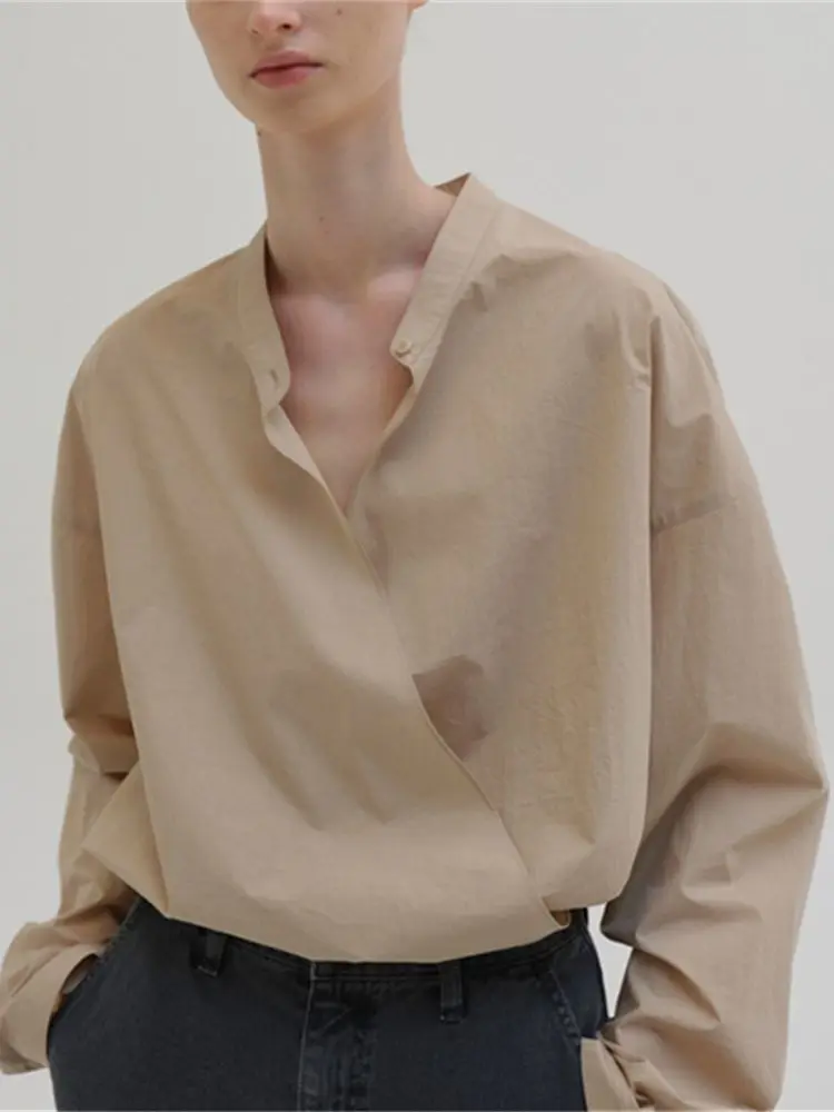 Женская Дизайнерская рубашка с Нерегулярным круглым вырезом, Весна-Лето 2023, Новая базовая Однотонная Женская Простая Блузка с длинным рукавом, Женские Топы . ' - ' . 0
