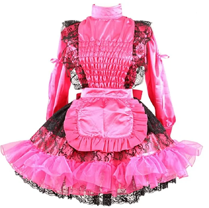 Новое Запирающееся Платье Горничной для взрослых Сисси, Розовое атласное платье с длинным рукавом, плиссированный кружевной костюм для Косплея на заказ . ' - ' . 0