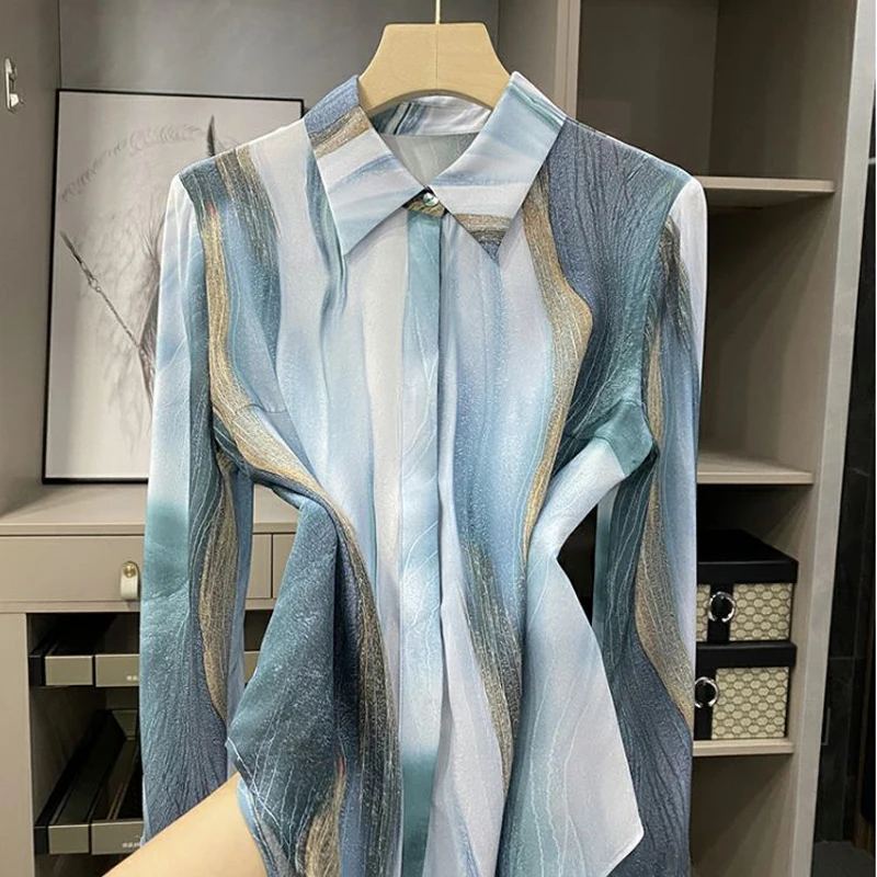 Рубашка на пуговицах, женская Элегантная блузка с винтажным принтом, Шикарная Роскошная Дизайнерская одежда, Корейская мода, топы с длинными рукавами, лето 2023 . ' - ' . 0