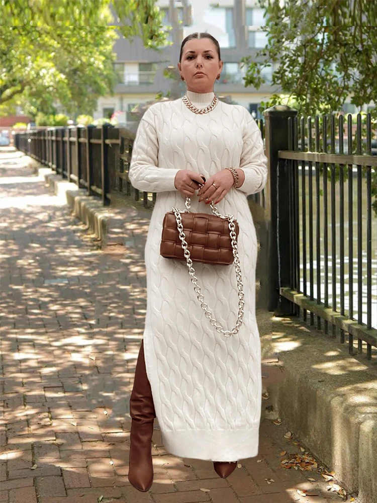 Белое вязаное платье, Женская Длинная и элегантная одежда больших размеров, платья-свитера для женщин, плотное зимнее платье, оптовая продажа, прямая поставка . ' - ' . 1