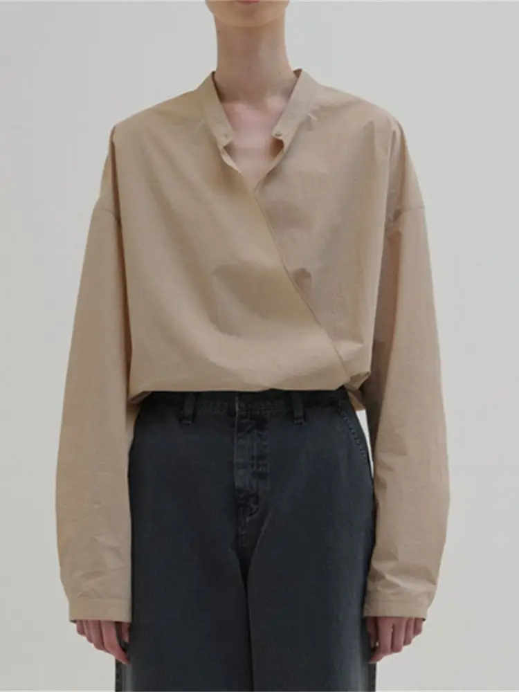 Женская Дизайнерская рубашка с Нерегулярным круглым вырезом, Весна-Лето 2023, Новая базовая Однотонная Женская Простая Блузка с длинным рукавом, Женские Топы . ' - ' . 1