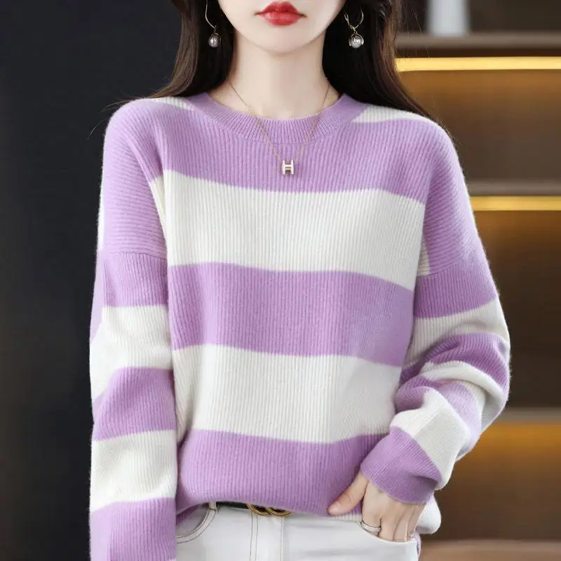 Универсальные свитера в полоску с круглым вырезом, Осенне-зимние повседневные свободные джемперы в корейском стиле с блокировкой цвета, Модная женская одежда 2023 . ' - ' . 1