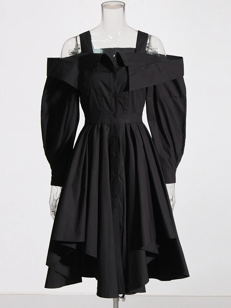 TWOTWINSTYLE, однотонные платья для женщин, с открытыми плечами, с длинным рукавом, лоскутное минималистичное платье со складками, Женская осенняя одежда, Модная . ' - ' . 2
