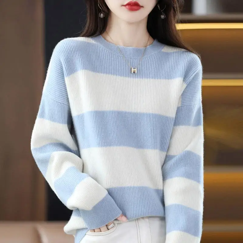 Универсальные свитера в полоску с круглым вырезом, Осенне-зимние повседневные свободные джемперы в корейском стиле с блокировкой цвета, Модная женская одежда 2023 . ' - ' . 2