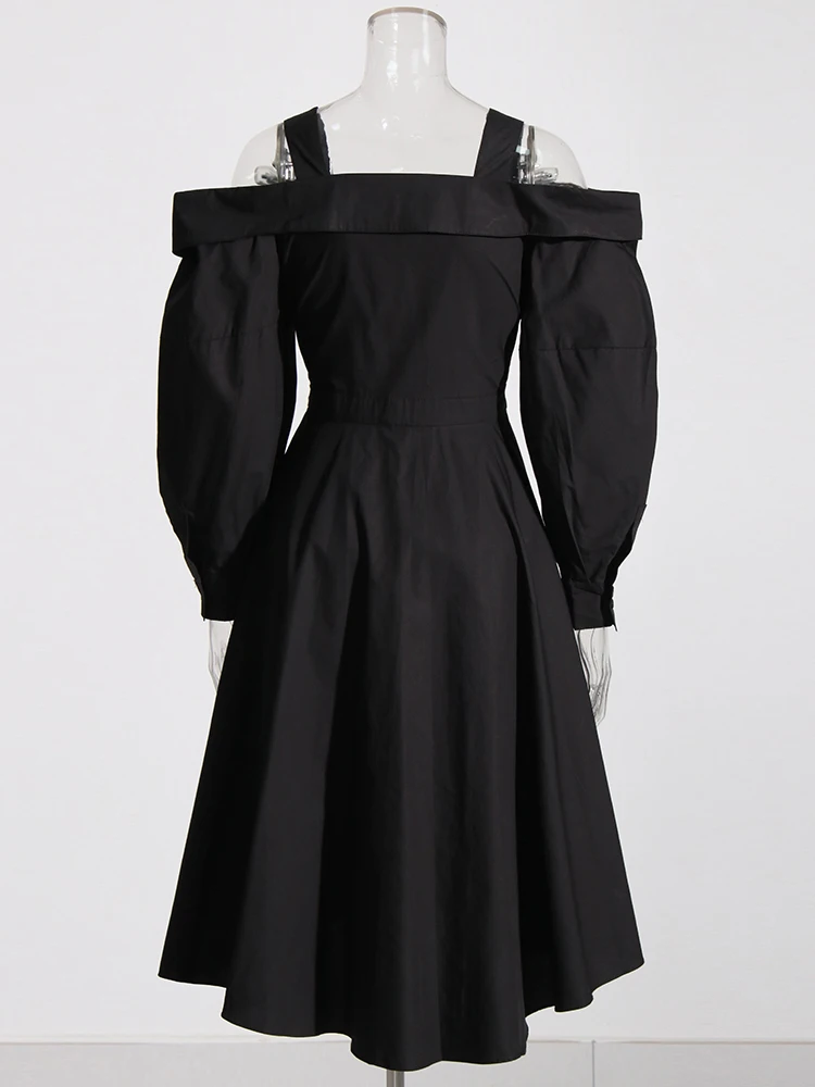 TWOTWINSTYLE, однотонные платья для женщин, с открытыми плечами, с длинным рукавом, лоскутное минималистичное платье со складками, Женская осенняя одежда, Модная . ' - ' . 3