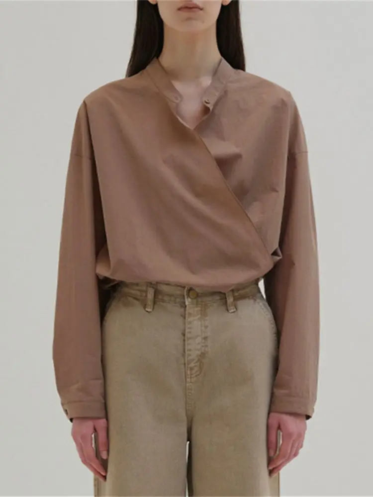 Женская Дизайнерская рубашка с Нерегулярным круглым вырезом, Весна-Лето 2023, Новая базовая Однотонная Женская Простая Блузка с длинным рукавом, Женские Топы . ' - ' . 3