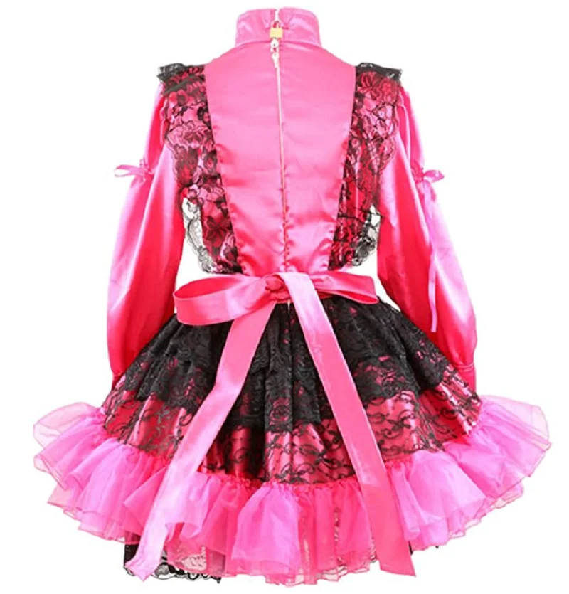 Новое Запирающееся Платье Горничной для взрослых Сисси, Розовое атласное платье с длинным рукавом, плиссированный кружевной костюм для Косплея на заказ . ' - ' . 3