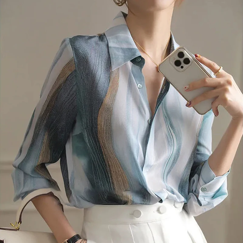 Рубашка на пуговицах, женская Элегантная блузка с винтажным принтом, Шикарная Роскошная Дизайнерская одежда, Корейская мода, топы с длинными рукавами, лето 2023 . ' - ' . 3