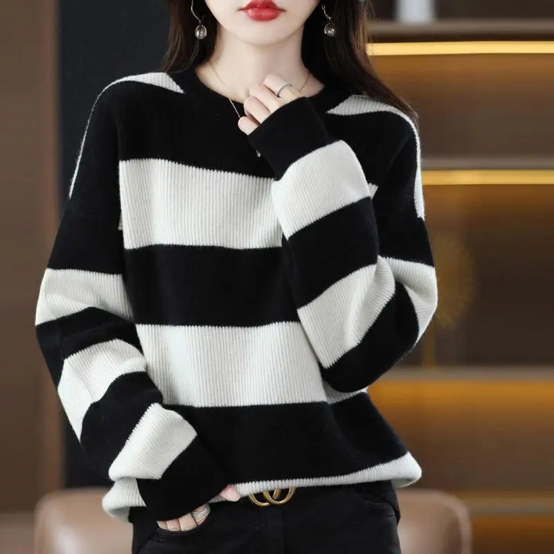 Универсальные свитера в полоску с круглым вырезом, Осенне-зимние повседневные свободные джемперы в корейском стиле с блокировкой цвета, Модная женская одежда 2023 . ' - ' . 3