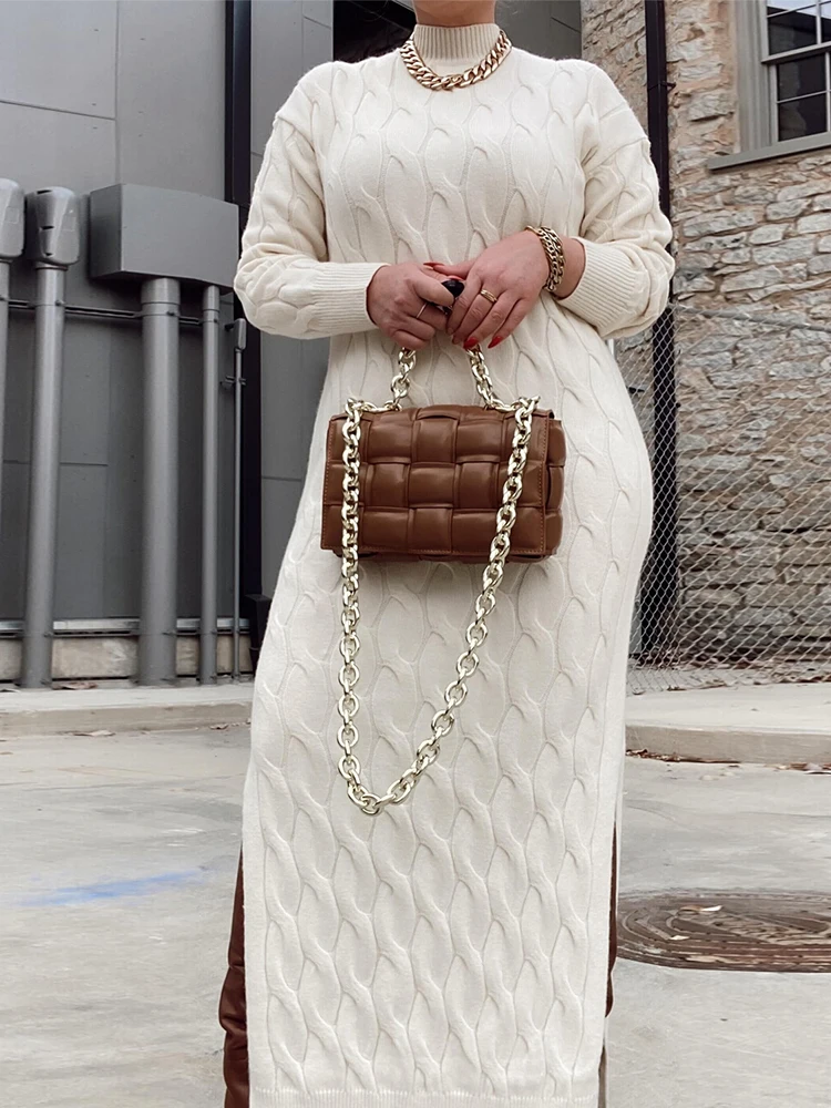 Белое вязаное платье, Женская Длинная и элегантная одежда больших размеров, платья-свитера для женщин, плотное зимнее платье, оптовая продажа, прямая поставка . ' - ' . 4